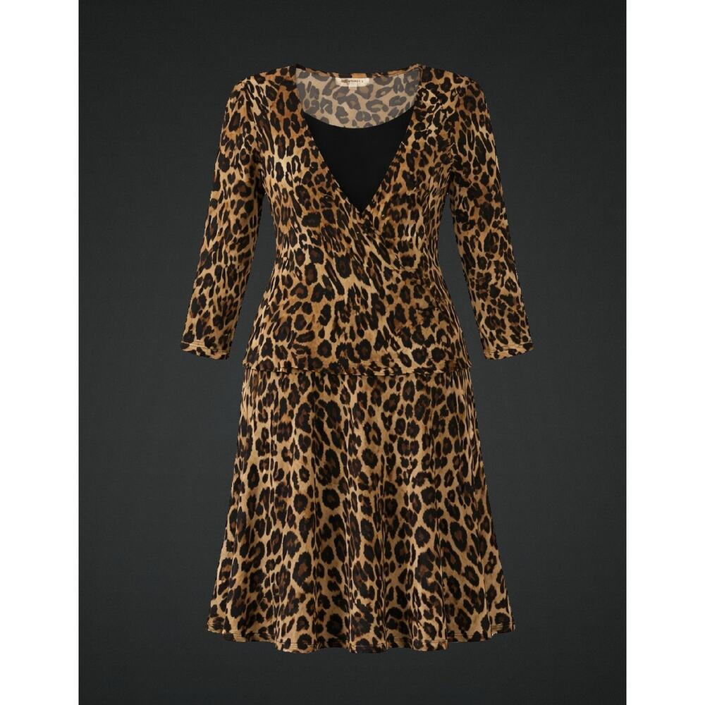 Studio 1 Leopard Print 2-Piece Top & Skirt Set Size 10 V-Neck Long Sleeve Flowy
